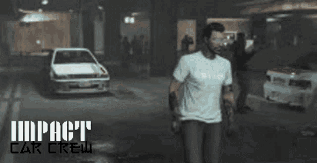 a man walking down a street with the word impact car crew on the bottom right