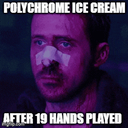 a man with a bandage on his nose has the words polychrome ice cream after 19 hands played below him