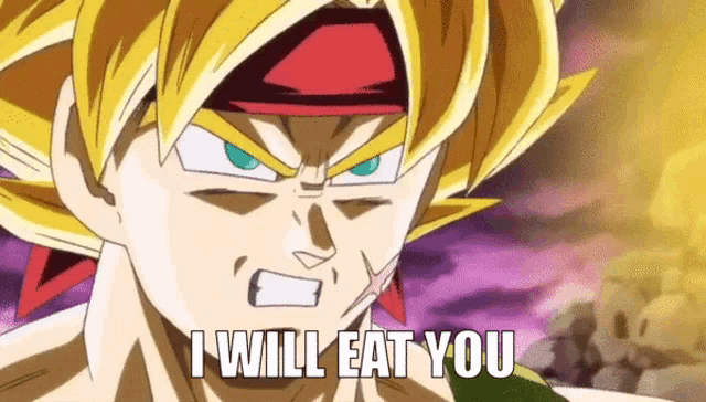 a cartoon character says i will eat you in a purple background