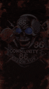 a blue background with a skull and the words community 86 kojom yuk