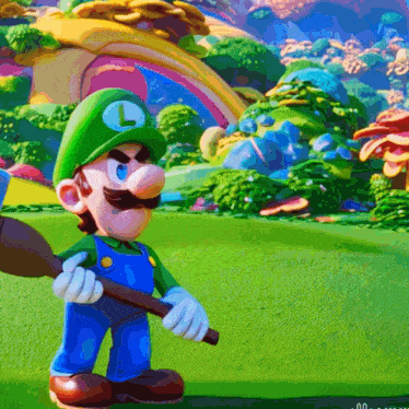 a cartoon character wearing a green hat with a letter l on it