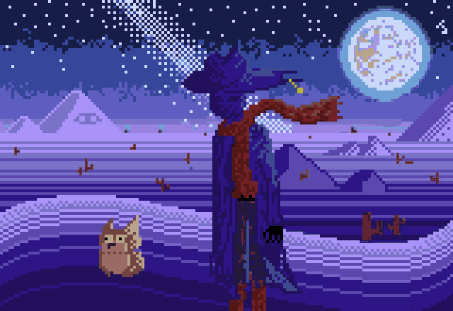 a pixel art of a person standing in front of a moon