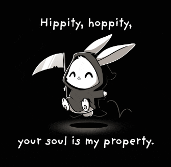 a grim reaper rabbit with a scythe and the words " your soul is my property "