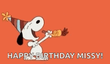 snoopy is wearing a party hat and blowing a horn .