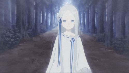 a girl with long white hair and blue eyes is standing in a forest