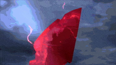 a red object is being struck by a lightning bolt in a pixelated image