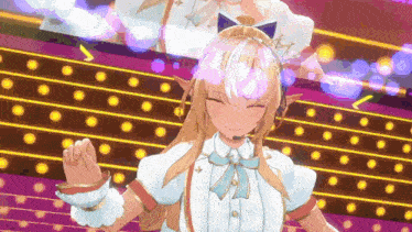 a 3d anime girl is dancing on a stage with a microphone in her hair .