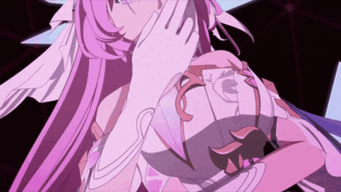 a girl with purple hair and white gloves is holding a purple object