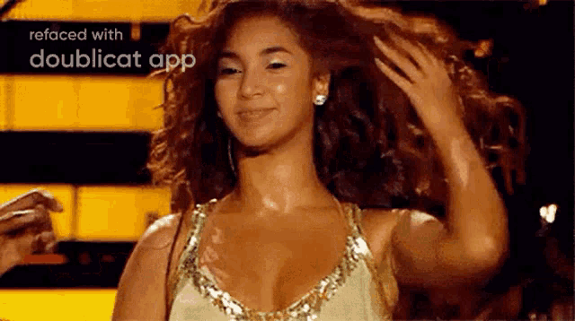 a woman in a gold dress is holding her hair in front of a doublecat app advertisement