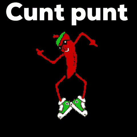 a cartoon drawing of a red pepper dancing with the words cunt punt written above it