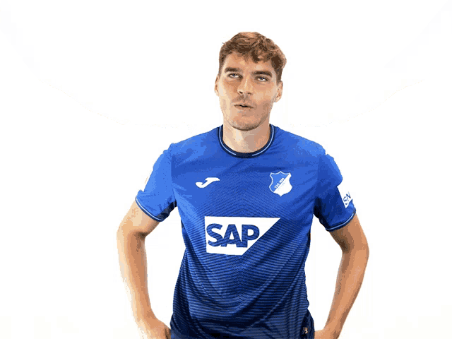 a man in a blue shirt that says sap on it