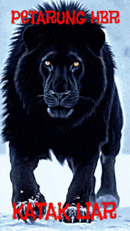 a black lion is standing in the snow with the words petarung hbr and katak liar below it