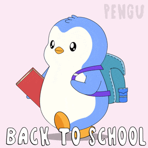 a penguin holding a book and a backpack with the words back to school written below it