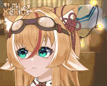 a drawing of a girl with a cat ear wearing goggles with the word kenios on the bottom right