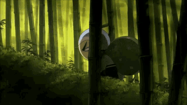 a cartoon character in a bamboo forest with a blue hat