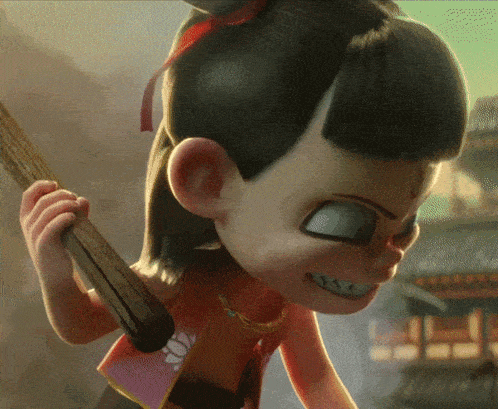 a close up of a cartoon character holding a stick and smiling