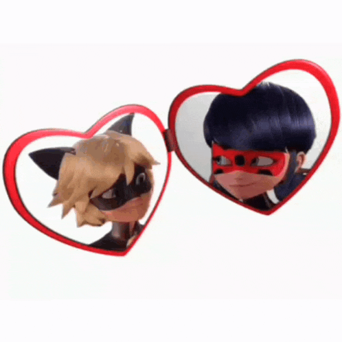 a ladybug and cat noir looking at each other in heart shaped sunglasses