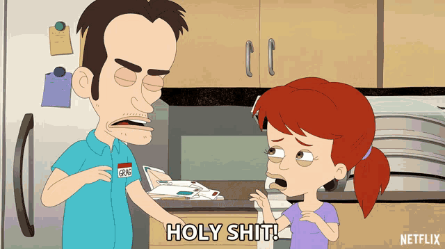 a cartoon of a man and a girl with the words holy shit