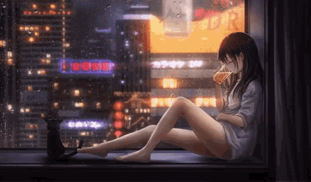 a girl sitting on a window sill drinking a drink