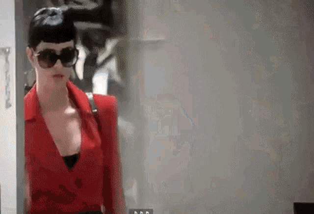 the woman is wearing sunglasses and a red jacket .