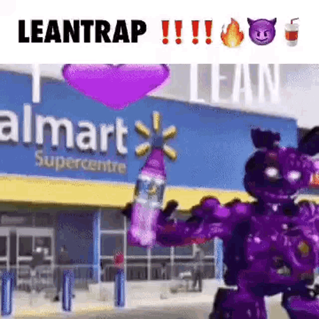 a purple robot is holding a bottle in front of a walmart supercenter .