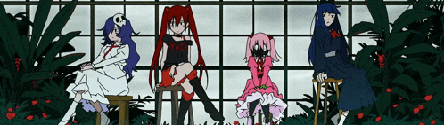 a group of anime girls are sitting in front of a greenhouse