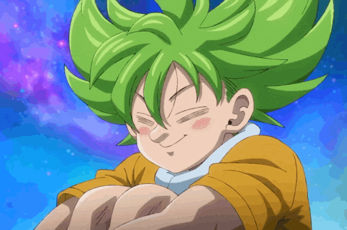 a cartoon character with green hair is smiling
