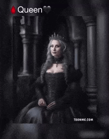 a black and white photo of a woman in a queen costume with a heart in the background .