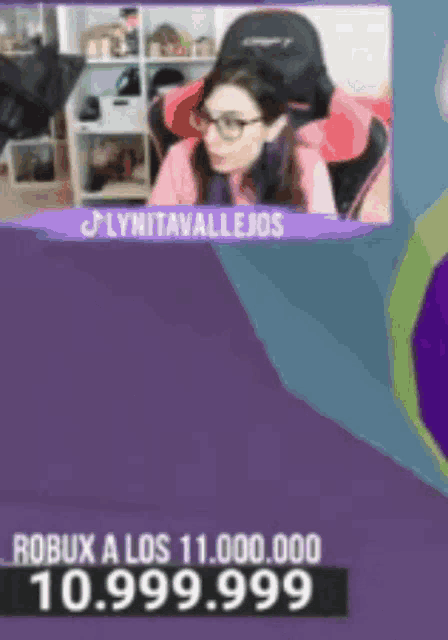 a woman wearing glasses is sitting in a chair with a purple background and the words robux a los 11,000,000 10.999.999