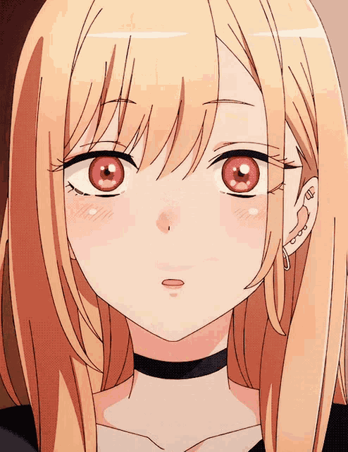 a close up of a blonde anime girl with red eyes and a choker around her neck