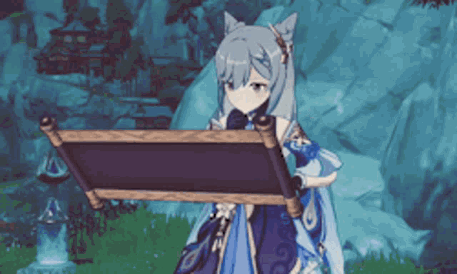 a girl in a blue dress is holding a scroll in her hand
