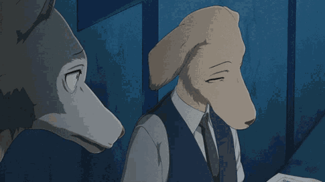 a man in a suit and tie with a dog 's head