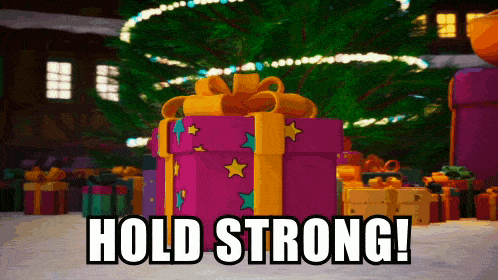 a picture of a christmas tree and presents with the words hold strong on the bottom