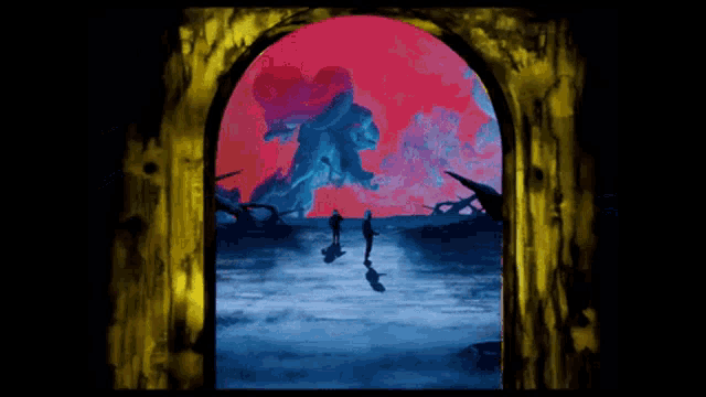 a painting of three people standing in front of a heart shaped cloud