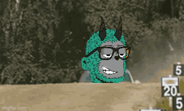 a drawing of a monster wearing glasses and horns with the number 20 in the background