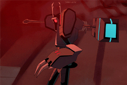 a cartoon drawing of a robot with a pink liquid coming out of his mouth