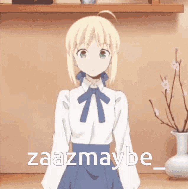 a girl in a white shirt and blue skirt is standing in front of a vase and says zaazmaybe