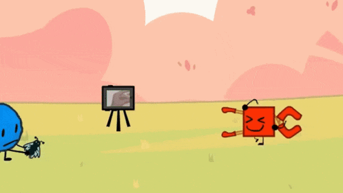 a cartoon drawing of a blue object and a red object laying on the ground