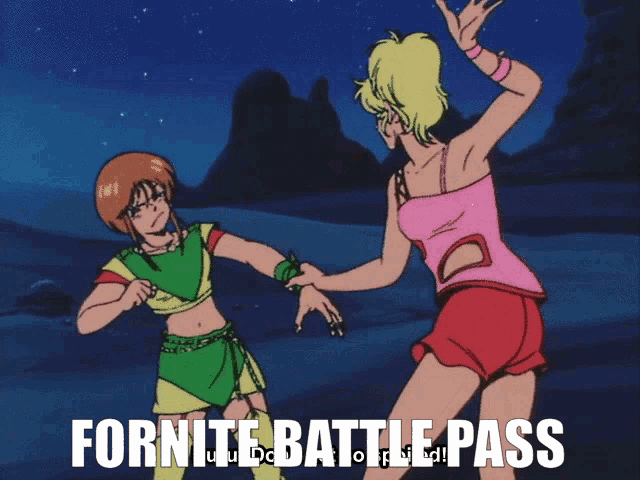 a picture of two girls dancing with the words fornite battle pass