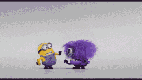 two minions , one yellow and one purple , are standing next to each other on a white background .
