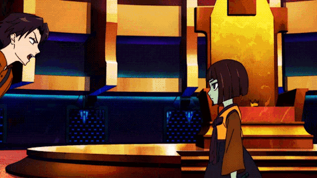 a man and a girl standing in front of a throne