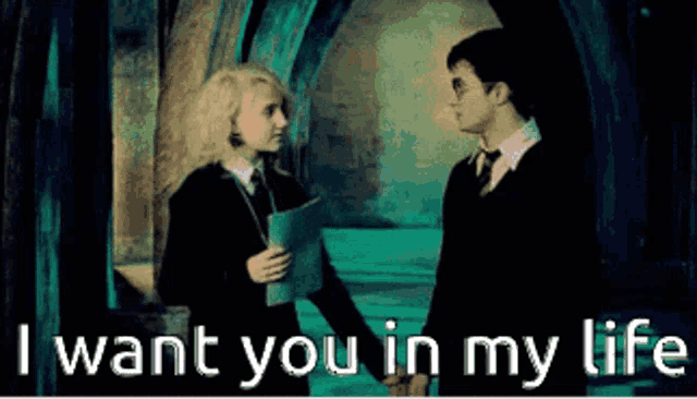 harry potter and luna lovegood holding hands with the words " i want you in my life " above them