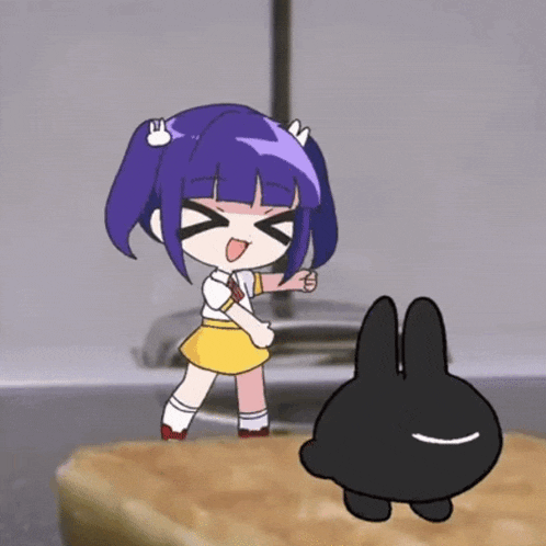 a girl with purple hair is pointing at a black bunny