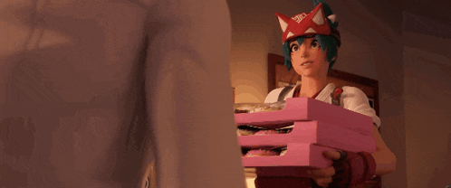 a cartoon character wearing a hat that says ' fox ' on it is holding a pink box