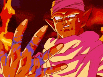 a cartoon character with a pink scarf around his head is holding a fireball in his hand .