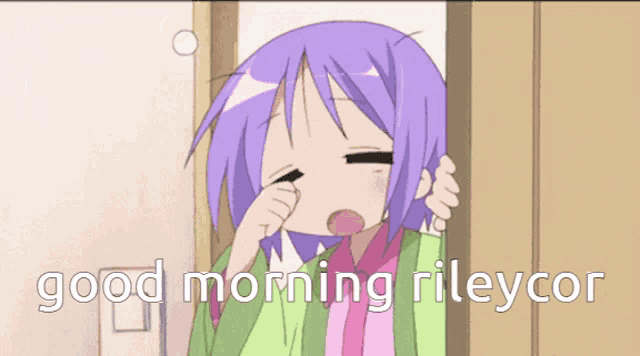 a cartoon girl with purple hair and the words good morning rileycor on the bottom