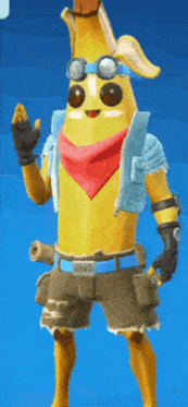 a banana wearing goggles and a scarf is standing in front of a blue background
