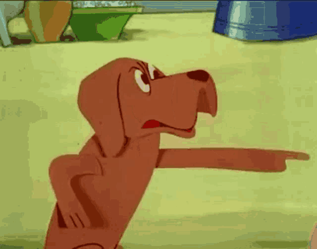 a cartoon dog is pointing at something while standing on the ground