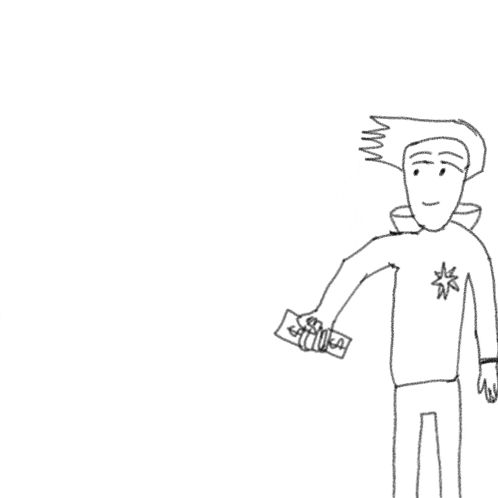 a drawing of a man standing in front of a pile of money