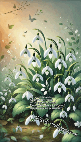 a painting of snowdrop flowers with a poem written in another language